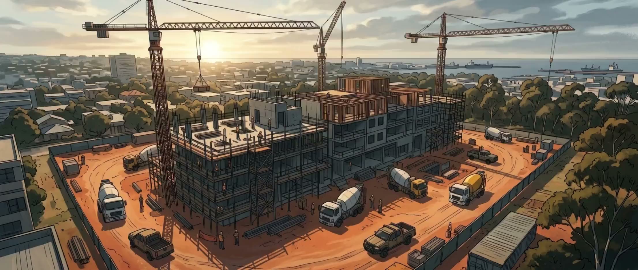 Tower cranes over an Australian construction site at golden hour