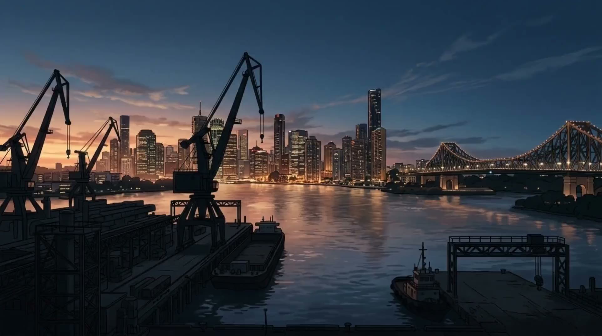 Brisbane skyline at dusk from the industrial river
