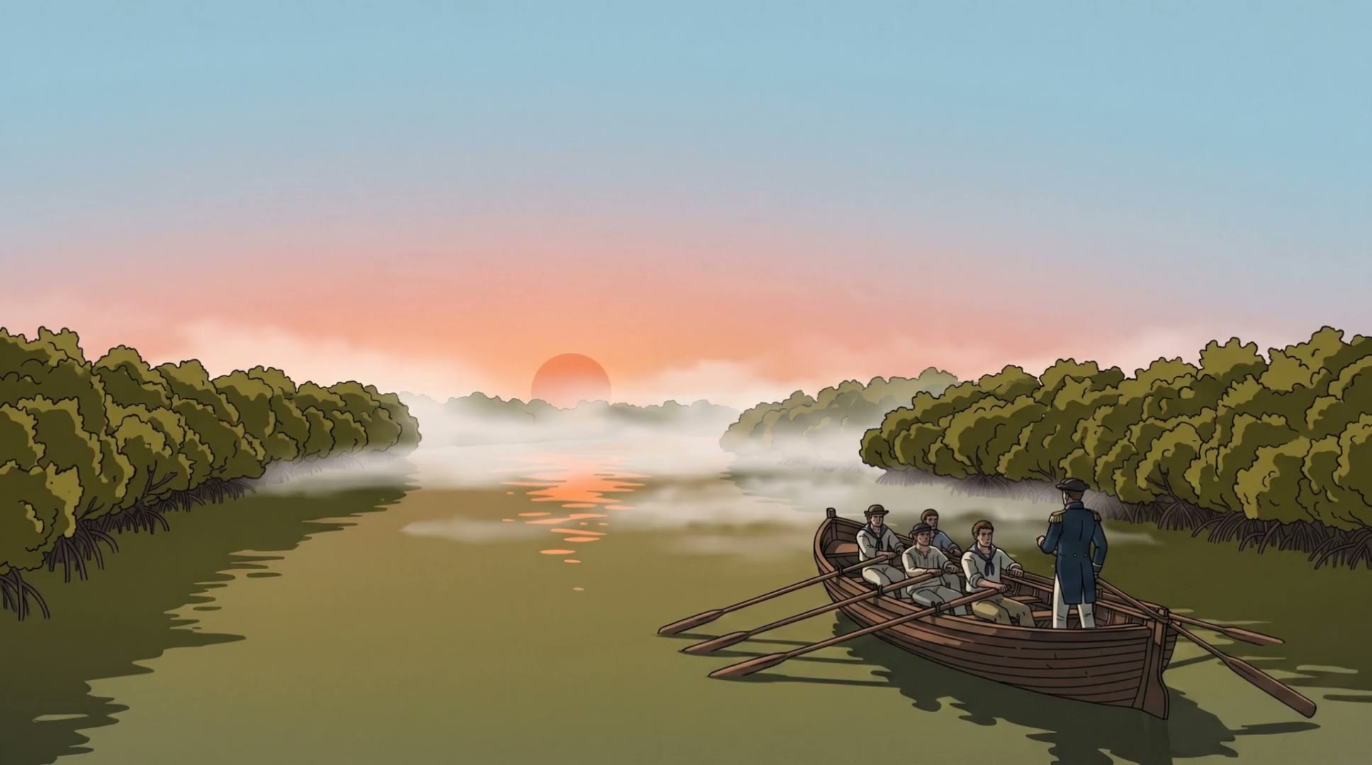 A naval whaleboat rowing up the misty Brisbane River between mangrove banks at dawn, 1823