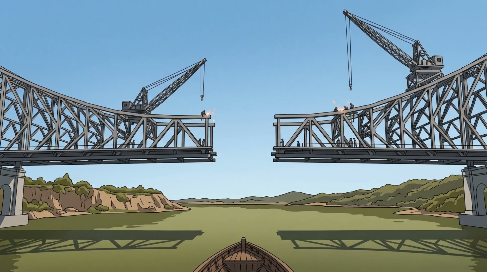 The two steel cantilever arms of the Story Bridge under construction reaching toward each other, 1938