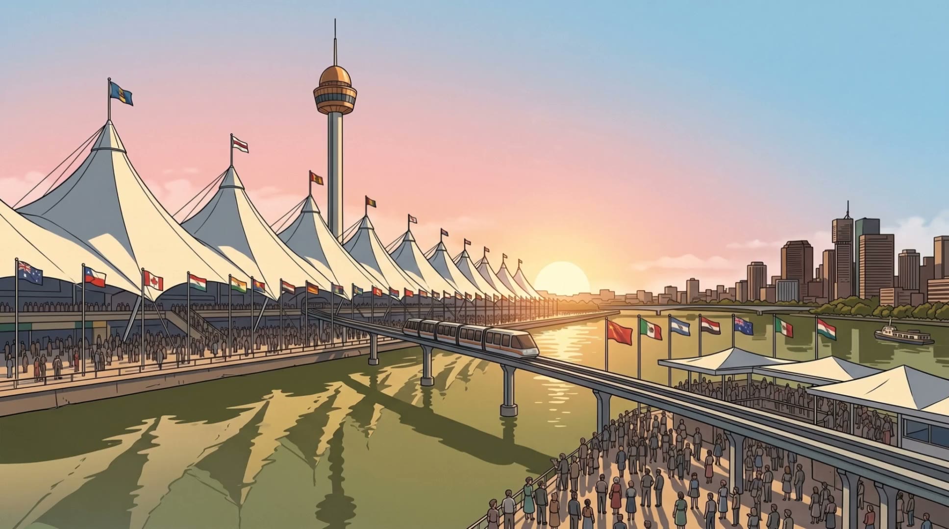 World Expo 88 sun sails, the Skyneedle and the monorail beside the Brisbane River at golden hour