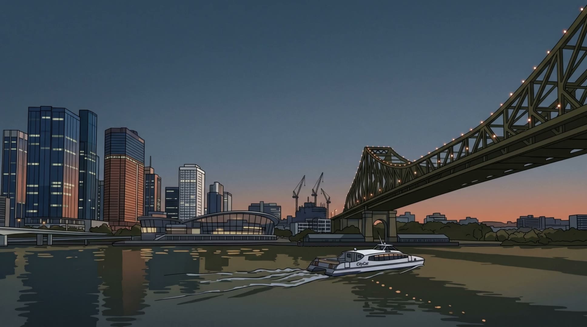 Brisbane at dusk: the lit Story Bridge, glass towers, cranes and a CityCat ferry crossing the river