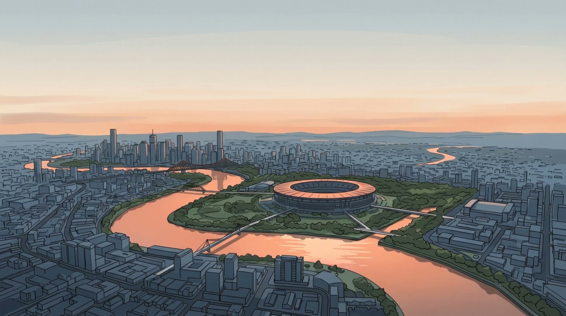Aerial dawn view of Brisbane, the river a copper ribbon past the city and the round 2032 stadium in parkland