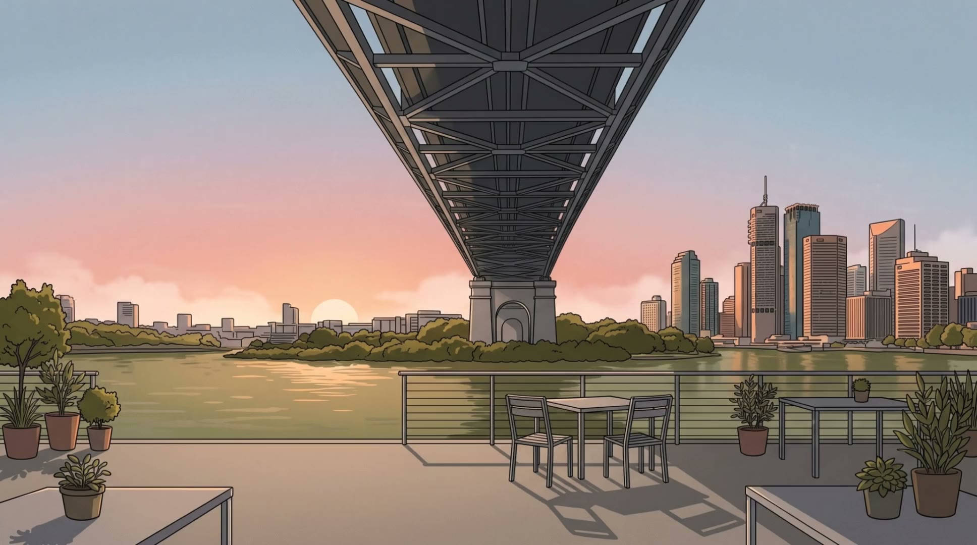 A rooftop terrace under the Story Bridge at morning, the river and city towers beyond