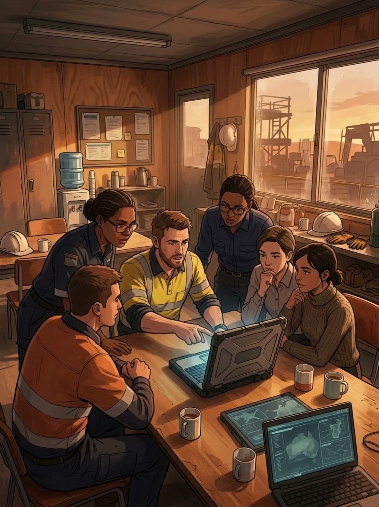 Site team gathered around a laptop